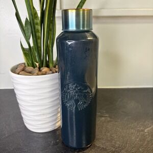 Starbucks Blue Recycled Glass Water Bottle 22 oz Siren Logo Rainbow Lid